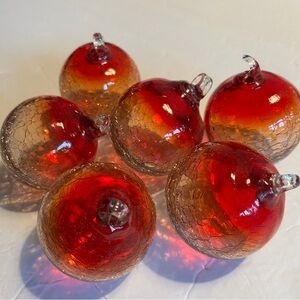 Maya Recycled Orange Crack Glass Christmas Ornaments Set of 5 Small Spheres